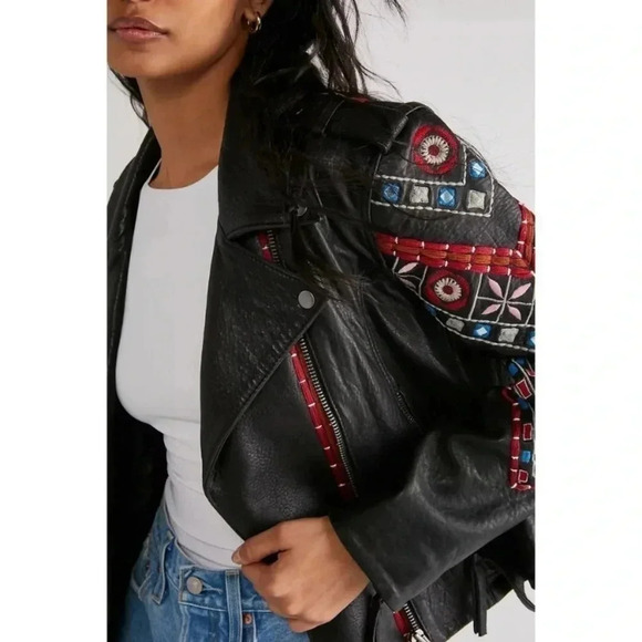 NWT Free People Mari Leather Moto Jacket Embroidered Black - Picture 5 of 17